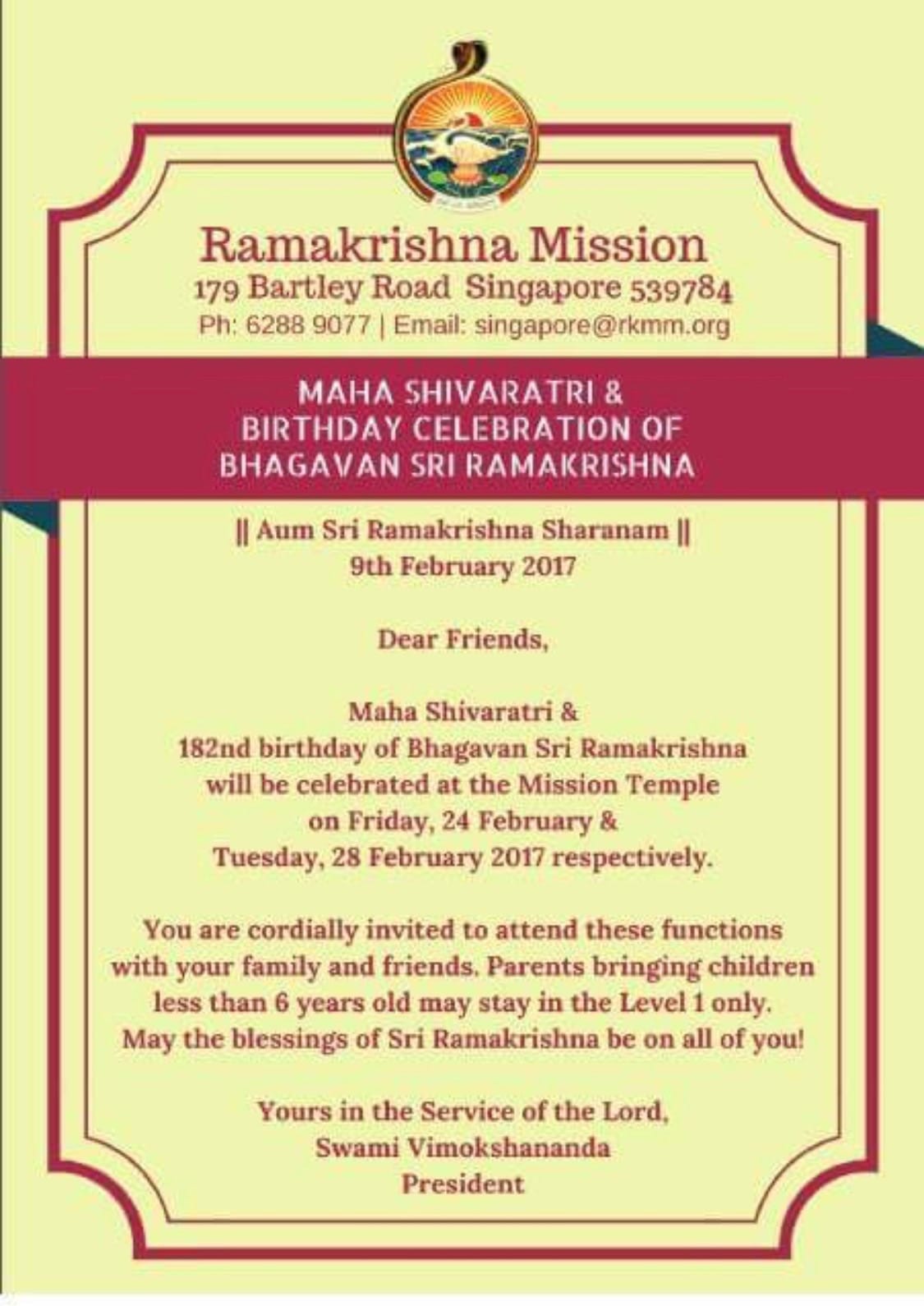 Ramakrishna Mission Singapore Celebrates Mahashivaratri And The 182nd Birthday Of Bhagawan Swami Ramakrishna