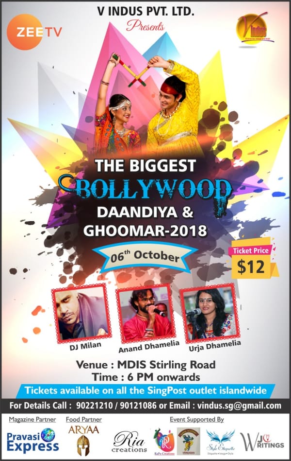 Biggest Bollywood Daandiya Night 2018 on Oct 6 at MDIS Singapore