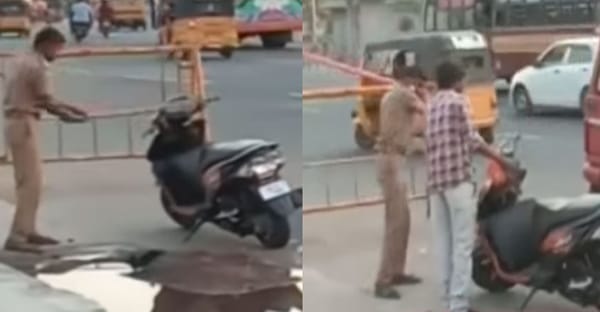 റോഡരികിൽ നിർത്തിയിട്ട സ്കൂട്ടർ പോലീസുകാരൻ  തല്ലി  തകർത്തു; വീഡിയോ വൈറൽ